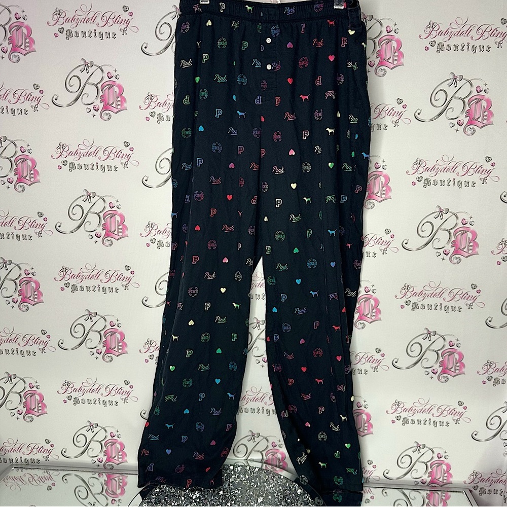Victoria secret pink pj bottoms shiny shimmer logo print black multi color